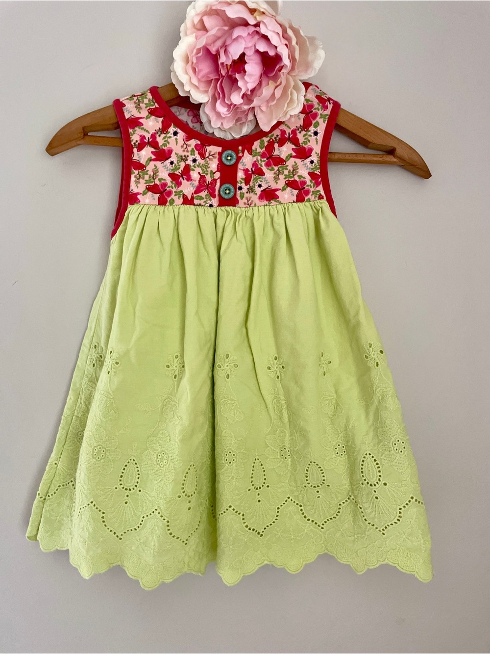 Matilda Jane Lime Green Eyelet Top Pink Red Butterfly Yoke 8